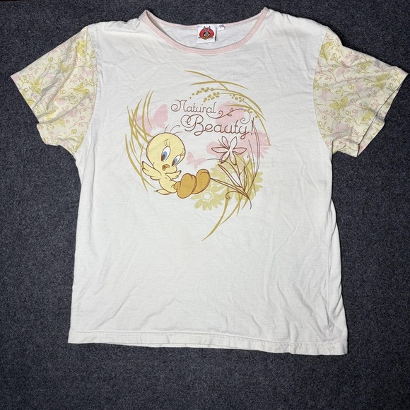 Looney Tunes Mania Tops - Looney Tunes Tweety Bird Baby Tee Y2K Womens Large White Girlhoodcore Floral